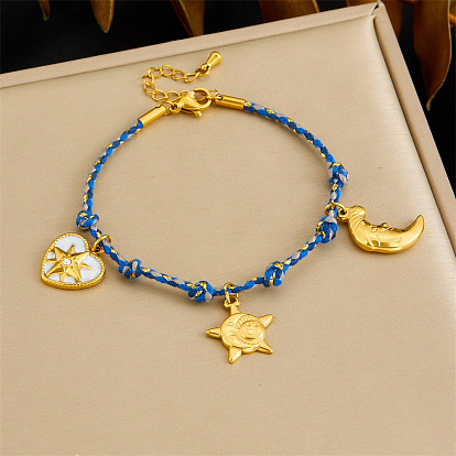 304 Браслеты с подвесками из нержавеющей стали со стразами для женщин, сердце и луна и звезда, с нейлоновой веревкой и эмалью