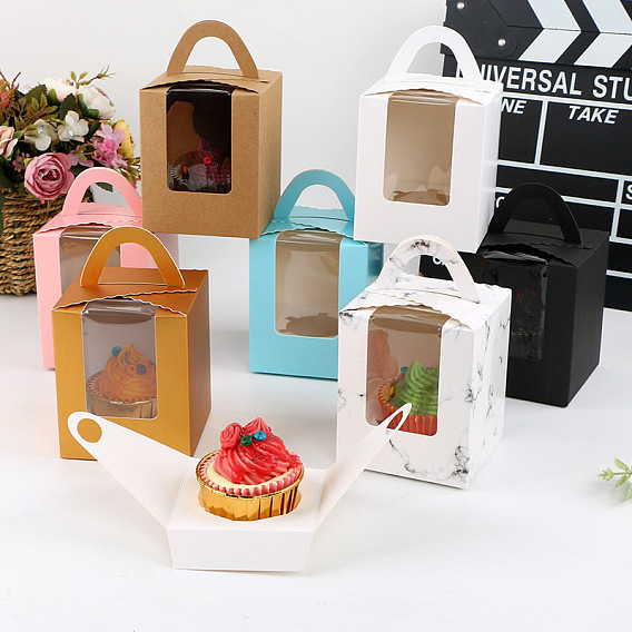 Foldable Individual Kraft Paper Cake Box, Bakery Single Cupcake Packing Box, Rectangle with Clear Window and Handle