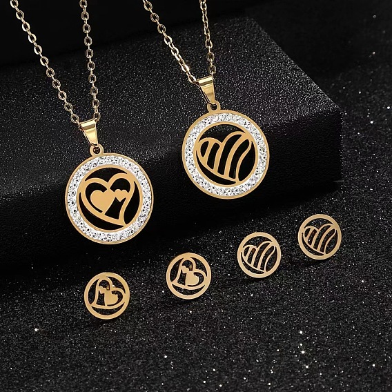 Кольцо 201 ожерелья и серьги-гвоздики из нержавеющей стали с кристаллами и стразами, золотые