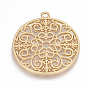 Alloy Pendants, Cadmium Free & Lead Free, Matte Style, Flat Round with Flower, Real 14K Gold Plated