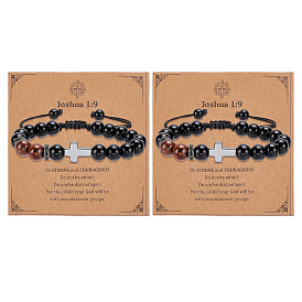 Регулируемые браслеты из круглых бусин натурального желтого тигрового глаза и обсидиана, синтетический немагнитный гематитовый крестик для мужчин и женщин, с открытки