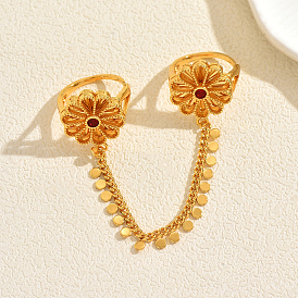 Offener Doppelring-Armreif aus Messing mit Mikropavé-Zirkonia für Damen, Blume, mit Kette
