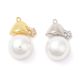 Rack Plating Brass Pave Cubic Zirconia Pendants, with Plastic Pearl, Long-Lasting Plated, Cadmium Free & Lead Free, Christmas Hat