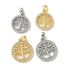 Brass Micro Pave Cubic Zirconia Pendents, Flat Round with Tree of Life Charms