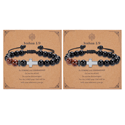 Регулируемые браслеты из круглых бусин натурального желтого тигрового глаза и обсидиана, синтетический немагнитный гематитовый крестик для мужчин и женщин, с открытки