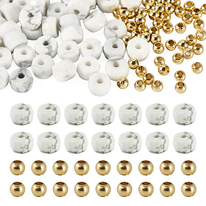 50 piezas de cuentas de howlita natural, facetados, Rondana plana, con 50piezas de cuentas redondas macizas de latón tono dorado