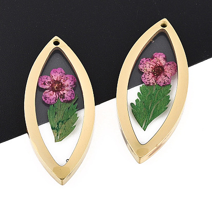 304 подвески из нержавеющей стали с эпоксидной смолой, конский глаз с сушеным цветком, ионное покрытие (ip), реальный 18 k позолоченный