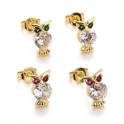 Серьги-гвоздики из латуни с микропаве из кубического циркония, долговечное покрытие из настоящего золота 18 k, без свинца и без кадмия, сова