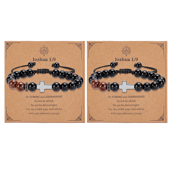 Регулируемые браслеты из круглых бусин натурального желтого тигрового глаза и обсидиана, синтетический немагнитный гематитовый крестик для мужчин и женщин, с открытки