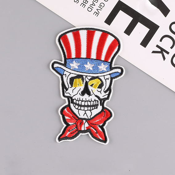 American Flag Skull Computerized Embroidery Style Cloth Iron on/Sew on Patches, Appliques, Badges, for Clothes, Dress, Hat, Jeans, DIY Decorations, for Halloween