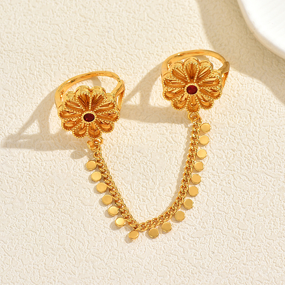 Brass Micro Pave Cubic Zirconia Cuff Open Double Rings for Women, Flower, with Chain