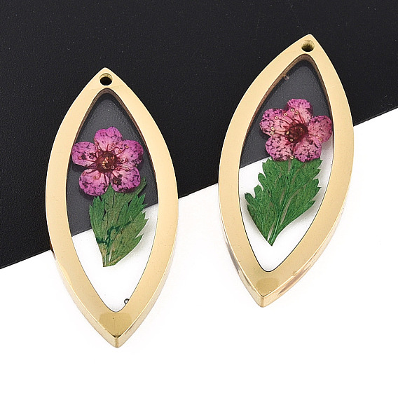 304 подвески из нержавеющей стали с эпоксидной смолой, конский глаз с сушеным цветком, ионное покрытие (ip), реальный 18 k позолоченный