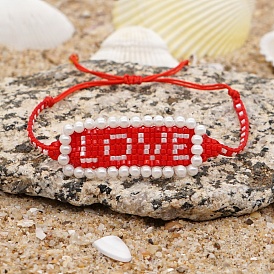 Word LOVE Loom Pattern Seed Beads Bracelets for Women, Adjustable Nylon Cord Braided Bead Bracelets