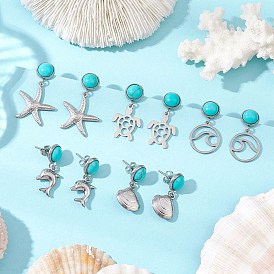 304 из нержавеющей стали болтаться серьги, с синтетической бирюзой и 304 серьгами-гвоздиками из нержавеющей стали, платина