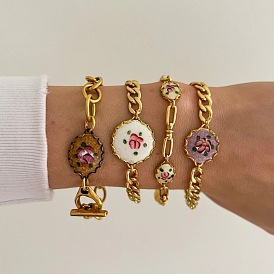 304 браслеты из нержавеющей стали с эмалированными звеньями для женщин, цветок