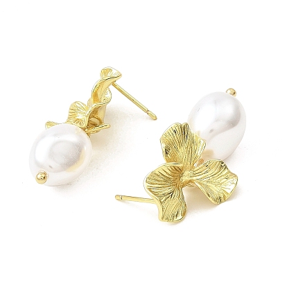 Flower Brass Stud Earrings, with Plastic Pearl Beads, Long-Lasting Plated, Lead Free & Cadmium Free