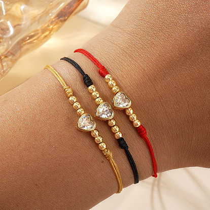 3шт. регулируемые латунные микро-паве прозрачные кубические циркониевые бусины плетеные браслеты. вощеные шнуры плетеные браслеты для женщин, сердце, с открытки
