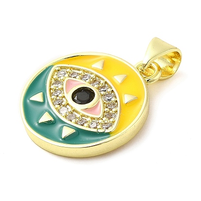 Real 18K Gold Plated Brass Clear Cubic Zirconia Pendants, with Enamel and Glass, Flat Round with Evil Eye