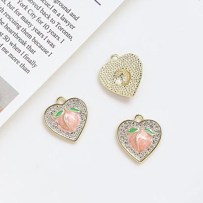 Alloy Rhinestone Pendants, with Enamel, Heart with Peach Charms