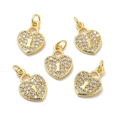 Brass Micro Pave Clear Cubic Zirconia Pendants, with Jump Ring, Heart Lock Charm