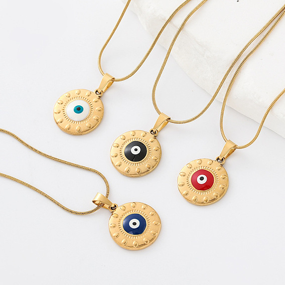 304 Collares con colgante de ojo turco de acero inoxidable esmaltado para hombres y mujeres, dorado