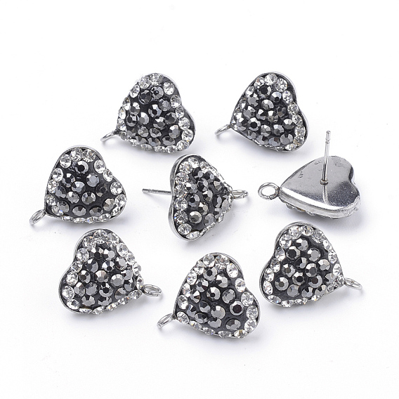 Polymer Clay Rhinestone Stud Earring Findings, with Loop, Stainless Steel Findings, Heart, Stainless Steel Color