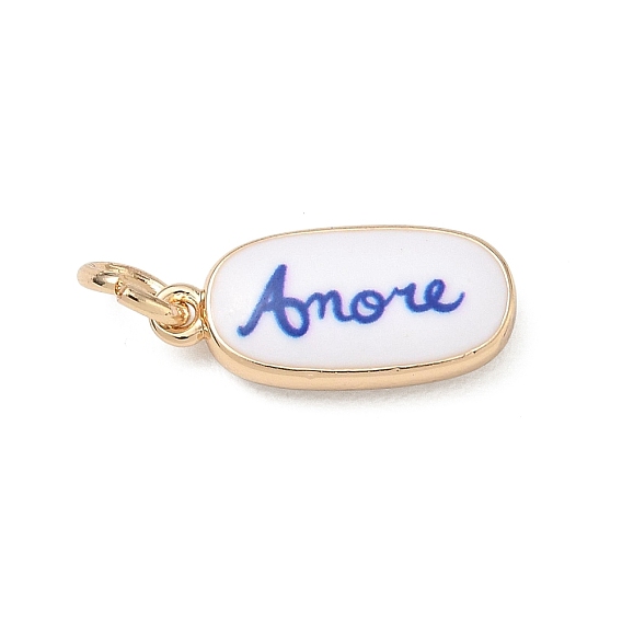Spray Painted Brass Pendants, Oval with Word Amore Charms, Golden