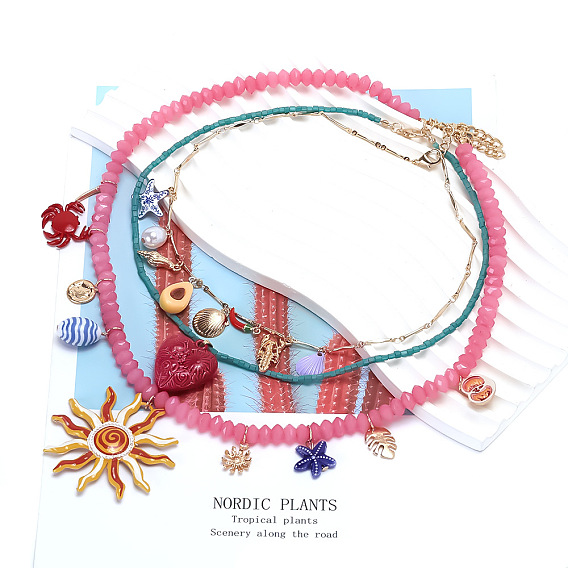 Подвеска в форме ракушки, солнца, сердца и морской звезды из сплава эмали 3 многослойные ожерелья для женщин, с пластиковой жемчужины, золотой свет