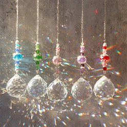 Iron Big Pendant Decorations, Teardrop Glass Hanging Sun Catchers, with Alloy Findings, for Garden, Wedding, Lighting Ornament