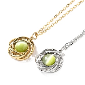 Glass Cat Eye Flat Round Pendant Necklaces, 304 Stainless Steel Cable Chain Necklaces