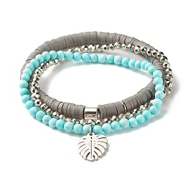 3 pcs 3 style heishi en argile polymère fait à la main et bracelets extensibles en perles de howlite naturelle sertis de breloque feuille pour femme