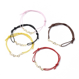 Adjustable Brass Heart Link Bracelets, with Chinese Waxed Cotton Cord, Golden