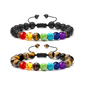 Colorful Handmade Tiger Eye and Lava Stone Beaded Bracelet for Men and Women