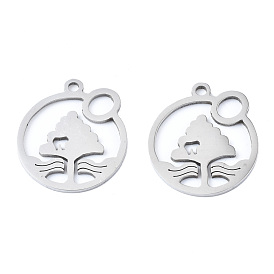 Ion Plating(IP) 201 Stainless Steel Pendants, Laser Cut, Flat Round with Tree