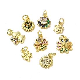 Real 18K Gold Plated Brass Pave Cubic Zirconia Pendants, with Jump Rings, Flower