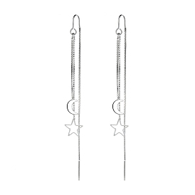 Brass Moon & Star Dangle Stud Earrings, Long Chains Ear Threads for Women