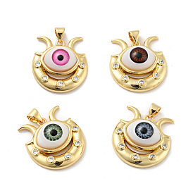 Evil Eye with Moon Brass Micro Pave Clear Cubic Zirconia Pendants, with Resin Eyeball, Cadmium Free & Nickel Free & Lead Free, Real 18K Gold Plated
