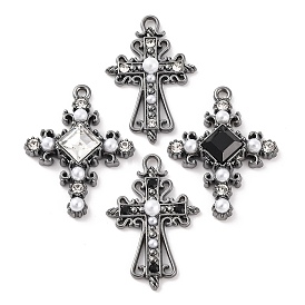 Cross Theme Brass Micro Pave Clear Cubic Zirconia Pendants, with Plastic Pearl