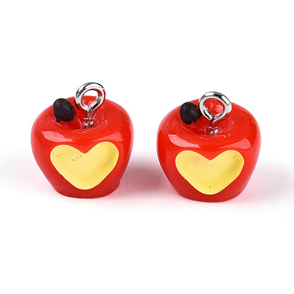 Подвески из смолы и эмали, яблоко с сердцем, с железной петлей с платиновым покрытием