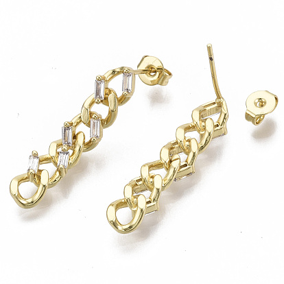 Brass Micro Pave Clear Cubic Zirconia Dangle Stud Earrings, with Ear Nuts, Curb Chain, Nickel Free