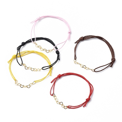 Adjustable Brass Heart Link Bracelets, with Chinese Waxed Cotton Cord, Golden