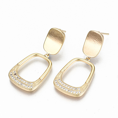 Brass Micro Pave Clear Cubic Zirconia Dangle Stud Earrings, Nickel Free, Trapezoid