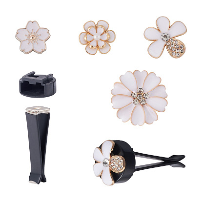 Комплекты зажимов для вентиляционных отверстий, 4шт. 4 стили: цветочные кабошоны из сплава со стразами и эмалью, с 4пластиковым слотом для карт и железными зажимами для вентиляционного отверстия