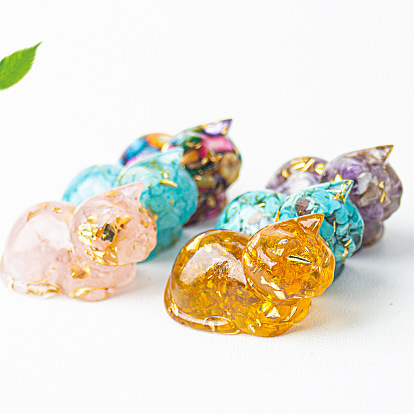 Resin Cat Display Decoration, with Natural & Synthetic Gemstone Chips inside Statues for Home Office Decorations