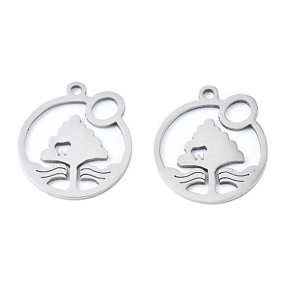 Ion Plating(IP) 201 Stainless Steel Pendants, Laser Cut, Flat Round with Tree