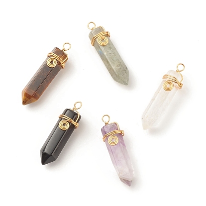 Pendentifs pointus de pierres précieuses naturelles, avec fil de cuivre doré enroulé, facette, balle