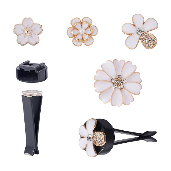 Комплекты зажимов для вентиляционных отверстий, 4шт. 4 стили: цветочные кабошоны из сплава со стразами и эмалью, с 4пластиковым слотом для карт и железными зажимами для вентиляционного отверстия