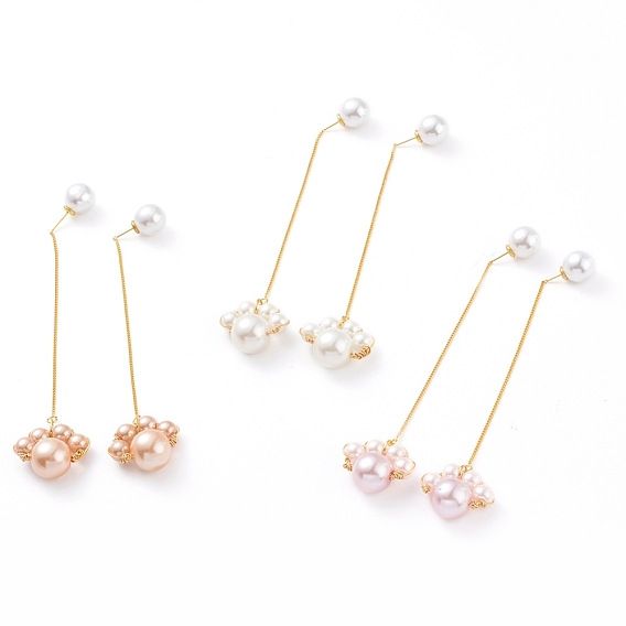 Glass Pearl Dangle Earrings, with Real 18K Gold Plated Brass Stud Earring Findings, Copper Wire and Acrylic Imitation Pearl Ear Nuts, Dog Paw Prints