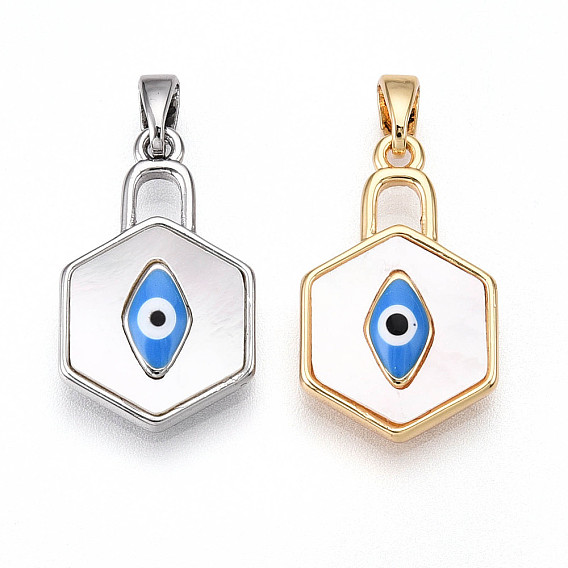 Подвески из натуральной ракушки в форме шестиугольника из латуни, очаровашка синяя эмаль сглаза