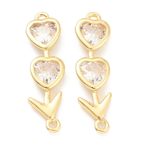 Brass Link Connectors, with Clear Cubic Zirconia, Heart and Leaf